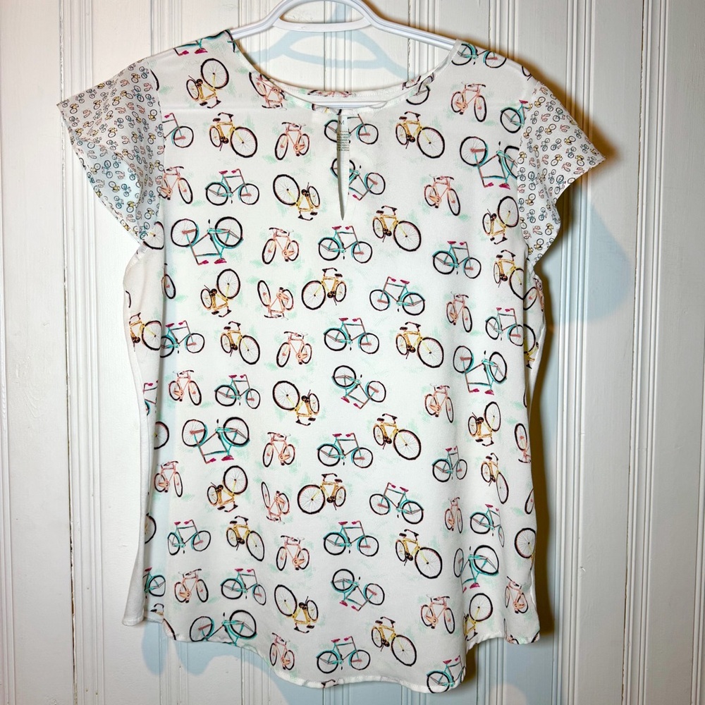 Van Heusen Fun White Bicycle Print Blouse Medium Trendy Hipster Cute